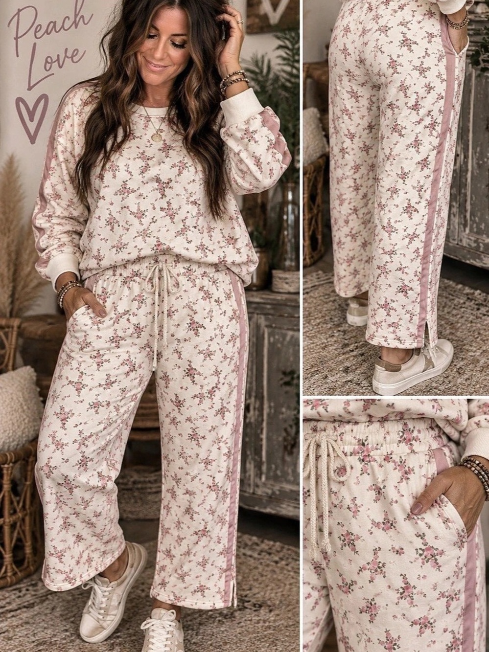 Peach Love Floral Jogger Pants in Pink & Cream Size Medium